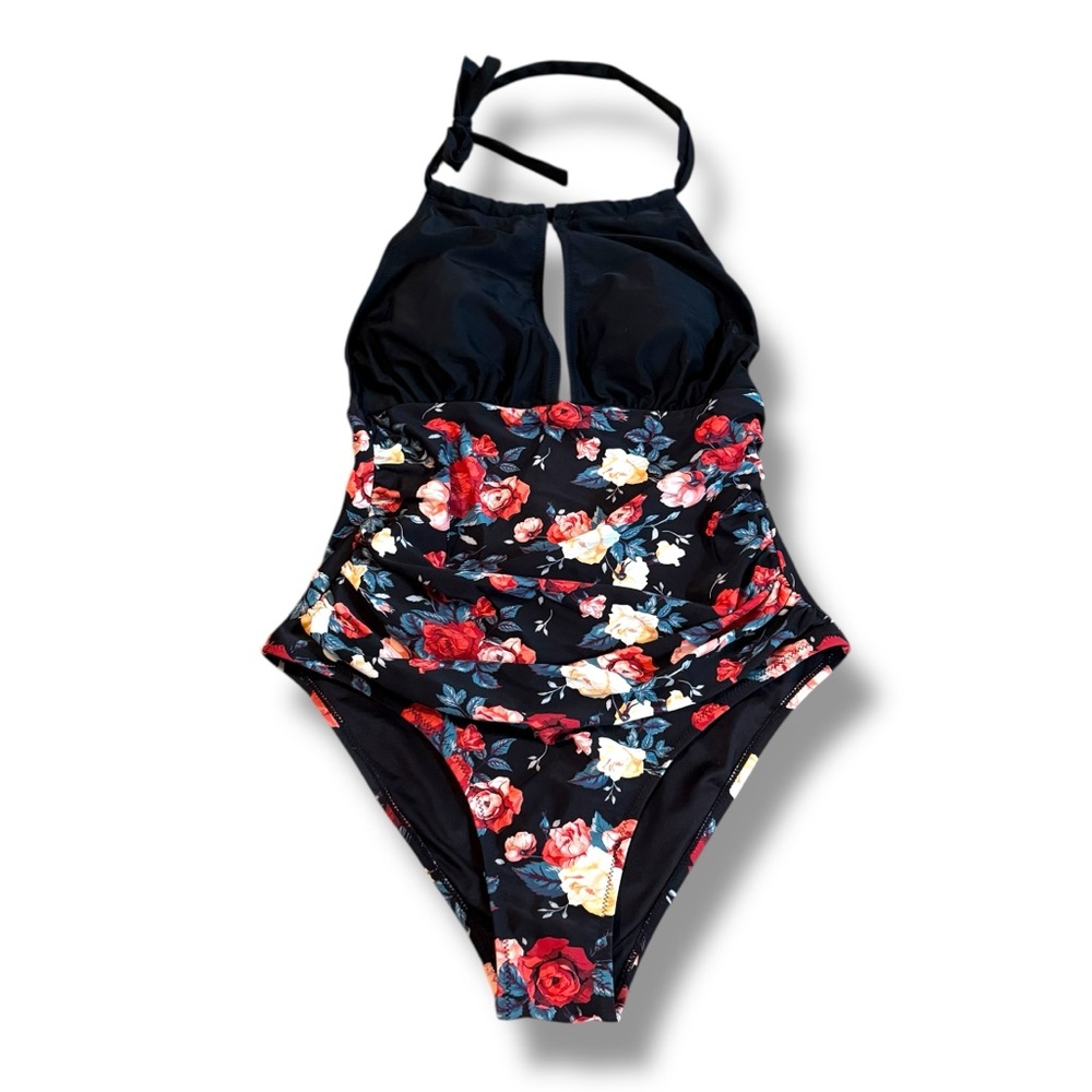 Cupshe NWT One Piece Swimsuit Women’s Size Large Black Multicolor Floral Ruched‎